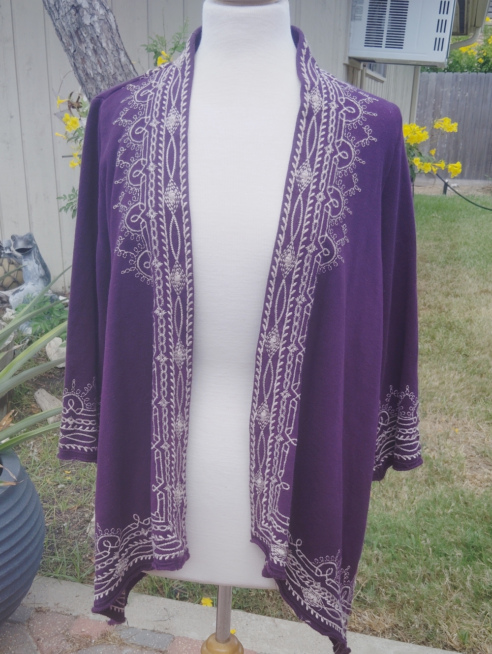 Embroidered Open-Front Purple Women's Cardigan Sweater